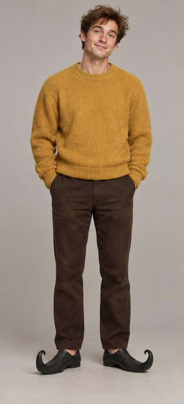 Input photo 1, the dancer: an AI-generated man with curly brown hair in a mustard-yellow knit sweater, dark brown trousers and black pointy elf shoes