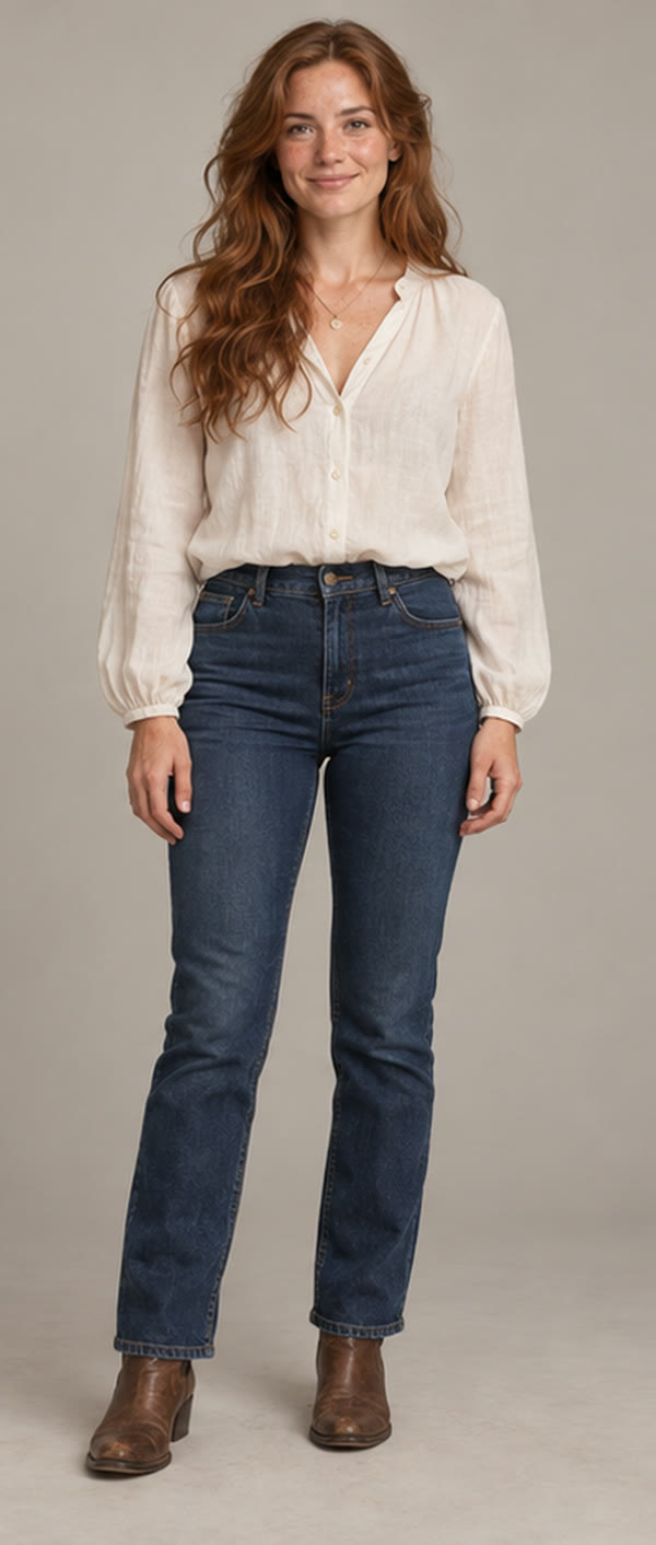 Input photo 2, the watcher: an AI-generated woman with long curly auburn hair in an off-white linen blouse and dark blue jeans